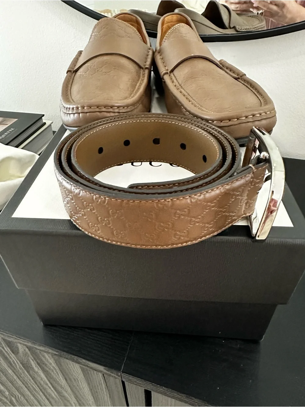 Gucci Brown Leather Embossed Penny Loafers